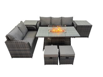 Fimous Garden Outdoor Rattan Furniture Set with 2 Side Tables 2 Small Stools in Dark Grey