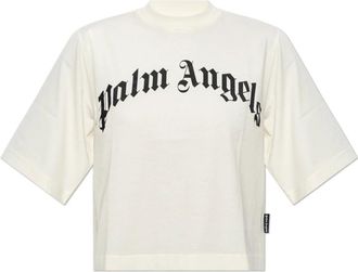 Palm Angels Tops, Dames, Beige, S, Katoen, Katoenen T-shirt Met Geprinte Logo