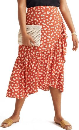 Madewell Happy Hibiscus Ruffle Faux Wrap Midi Skirt in Small Aloha Thai Chili at Nordstrom, Size 0