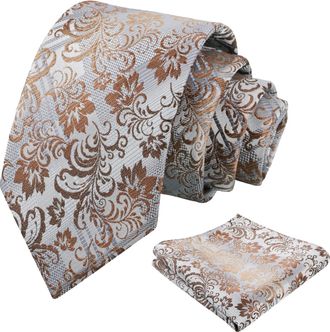 Alizeal Mens Gradient Floral Patterned Tie and Handkerchief Classic Retro for Wedding Party Casual Necktie Set, Gray+Brown