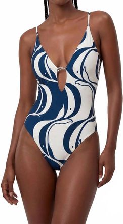 Farm Rio Fish Metal One-Piece Swimsuit In White, Navy, And Gold