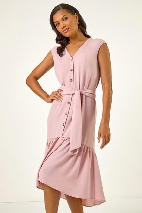 Roman V-Neck Buttoned Tie Waist Midi Dress