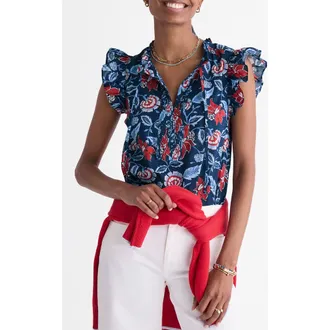 Vineyard Vines Adare Ruffle Sleeve Top in Indie Floral L Navy at Nordstrom, Size Large