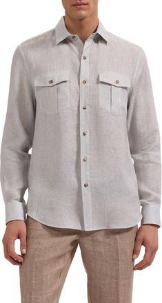 Bugatchi Stripe Shaped Fit Linen Button-Up Shirt in Khaki at Nordstrom, Size Xxx-Large