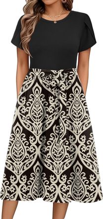 Zeagoo Womens Summer Dresses Crew Neck Short Sleeve Floral Dress Wrap Waist Casual Beach Dress Elegant A Line Midi Dresses Floral-D XL