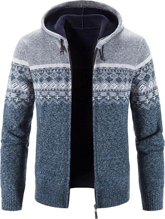 Generic Mens Nordic Knit Fleece Hoodie - Patterned Full Zip Hooded Jacket, Sherpa Lined Sweater With Fair Isle Pattern, Warm and Stylish Casual Knitwear