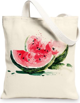 Generic Watermelon Canvas Tote Bags, Artistic Fruit Design Eco-Friendly Grocery Bags, Stylish Lightweight Washable Shoulder Strap C, White, 13x15 Inch