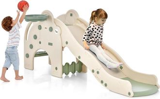 Costway Costway - Scivolo per Bambini Forma di Elefante, 4 in 1 Scivolo con Canestro da Basket e Pallone, Scalini Antiscivolo, Set di Giocattoli Scivolo per