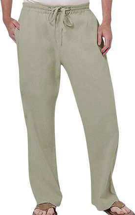 Generic Zhiyao Mens Linen Trousers Casual Cotton Trouser Summer Beach Men Hippie Trousers Loose Fit Drawstring Trousers Cotton Linen Trouser Solid Drawstring 