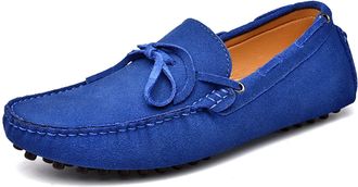 Generic Mens Loafers Deck Shoes 1-Eye Genuine Leather Stitching Details Suede Vamp Slip Resistant Flexible Lightweight Casual Wedding Slip-ons(Blue,10.5 UK)