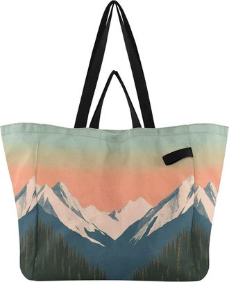 Generic Mountain Pine Trees Teal print Reusable Canvas Tote Bag, Heavy Duty Grocery Shopping Bag with Hard Bottom Double Handles Large Capacity Work Groceries