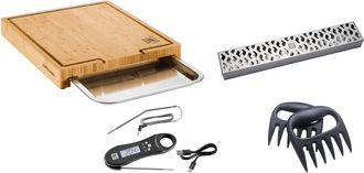 Zwilling BBQ+ 4-pc Grill Smoker Set, Bamboo Cutting Board (15.5 x 12) with Tray, Smoker Box, Digital Thermometer, Meat Claws