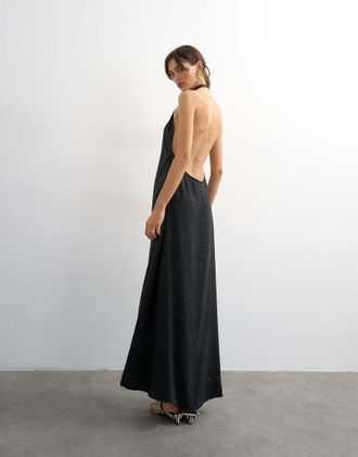 Topshop Vestito lungo allacciato al collo in cupro morbido al tatto nero slavato