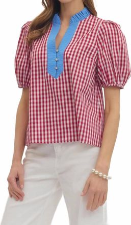 Entro Gingham Puff Sleeve Top In Red