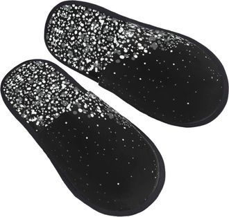 Generic DRTGEDS Black and White Glitter Print Fuzzy Slippers Fall Winter Comfortable House Shoes Portable Hotel Travel Gifts for Women Men, Black/White, 5 UK