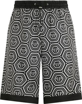 Philipp Plein Silk Drawstring Shorts Monogram 70s - Heren - Korte Broeken - Zwart - M - Korte Broeken