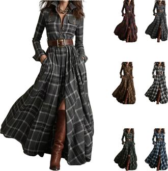 Generic Shirt Dress Plaid Maxi Shirt Dress Womens Long Sleeve Button Front Plaid Maxi Dresses V-Neck Button Split Dresses with Pockets Retro Western Cowboy St