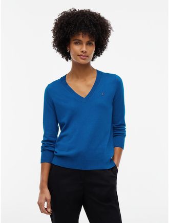 Tommy Hilfiger Womens Viscose-Blend V-Neck Sweater - Blue - XXL