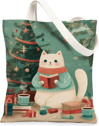 Generic Christmas Cat Canvas Tote Bags, Cute Feline Design Reusable Grocery Bags, Winter Retro Lightweight Washable Shoulder Strap Canvas 13x15 Inch