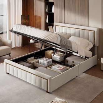 OEM Cama Doble 160x200 Cm - 231211sm - Cofre De Cama - Terciopelo Blanco - Bordes Dorados Verticales