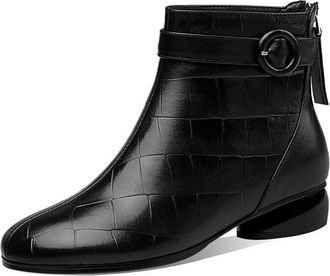 TinaCus Womens Round Toe Genuine Leather Handmade Buckle Zip Up Casual Flat Ankle Boots, Black, 4.5 UK