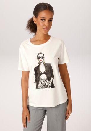 Aniston T-Shirt ANISTON CASUAL, Damen, Gr. 32/34, wollwei&szlig;, schwarz, grau, oliv, goldfarben, rot, Single Jersey, Obermaterial: 100% Baumwolle, bedruckt, l&auml;ssi