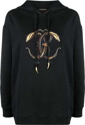 Roberto Cavalli monogram-print drawstring hoodie - women - Cotton - 38 - Black
