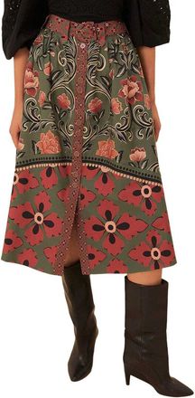 Farm Rio Farm Rio Arabesque Floral Green Buttons Midi Skirt