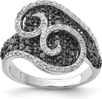 Diamond2Deal Sterling Silver Polished Black & White Diamond Swirl Engagement Ring