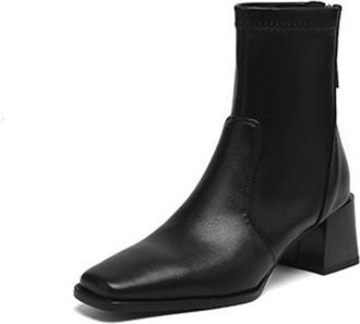 Generic Womens Comfortable Non-Slip Wear-Resistant Retro Square Toe Faux Leather Ankle Boots Medium Block Heels Back Zipper For Daily Casual Office,Black,5.5 