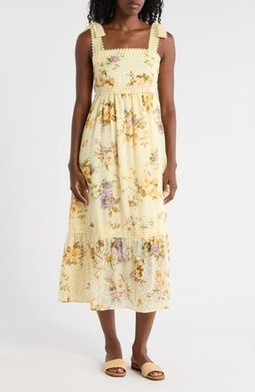 August Sky Floral Tie Strap Midi Dress in Yellow Multi at Nordstrom Rack, Size Medium