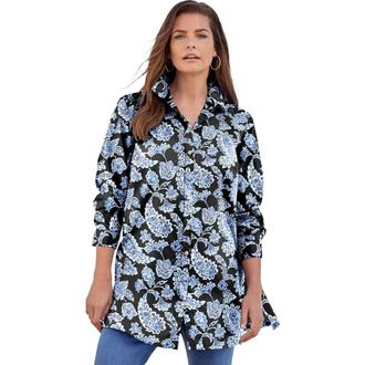 Roaman's Kate Long-Sleeve Crisp Cotton-Blend Button-Front Tunic in Black Blue Paisley at Nordstrom, Size 36