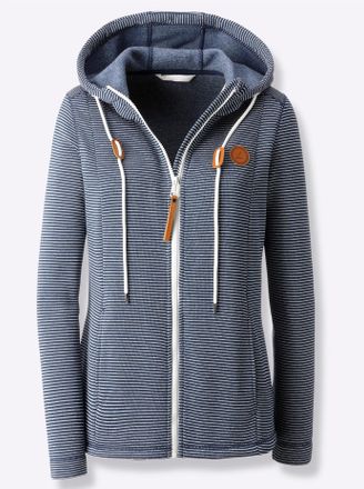 Casual Looks Fleecejacke CASUAL LOOKS, Damen, Gr. 36, blau (dunkelblau, ecru, geringelt), 100% Polyester, gemustert, gestreift, mehrfarbig, Jacken Fleecejacke