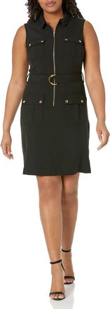 Sharagano Sharagano Womens Sleeveless Shirt Dress with Front Pockets Casual, Black, 10