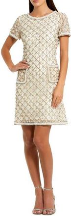 Mac Duggal Short Sleeve Embellished Crepe Midi Dress in Oyster at Nordstrom, Size X-Small