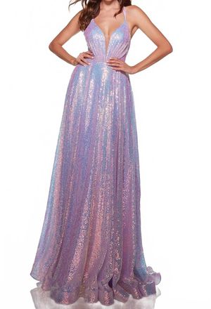 Alyce Paris Sequined Deep V-Neck A-Line Maxi Dress In Unicornio