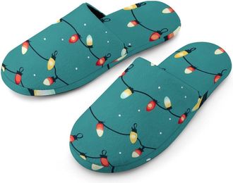 Generic Christmas Light Pattern Warm Mens Slippers Slip On Soft Fleece House Shoes Winter Indoor Outdoor