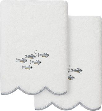 Linum Home Textiles 100% Turkish Cotton Fish School Scallop 2Pc Embellished Hand Towel Set