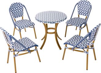 Beliani Conjunto De Comedor De Jard&iacute;n 4 Plazas Tablero De Rat&aacute;n Pe Blanco Y Azul Mesa &Oslash; 70 Y 4 Sillas Apilables De Aluminio Rifreddo