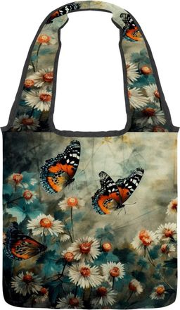Generic Watercolor Butterflies Surrounding Flowers Reversible Canvas Shoulder Tote - Double-Sided Print, 12oz Cotton, 27cm Drop, Fold-Flat Bag for Travel, Sho