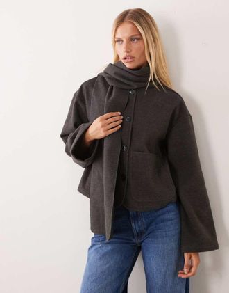 Vila cappotto corto effetto lana con sciarpa rimovibile grigio scuro m&eacute;lange