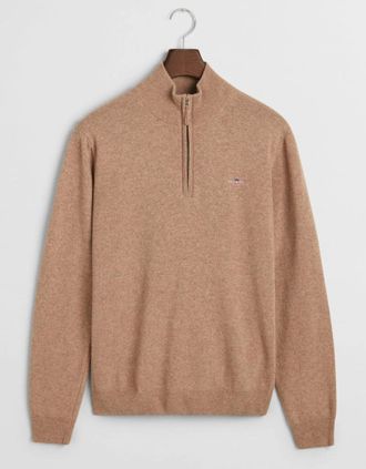 GANT Mens GANT Superfine Lambswool Half Zip Top, Dark Sand Melange - Brown - Size: 40