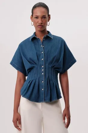 Exquise Marisa Collared Short Sleeve Denim Shirt in Blue at Nordstrom, Size X-Large