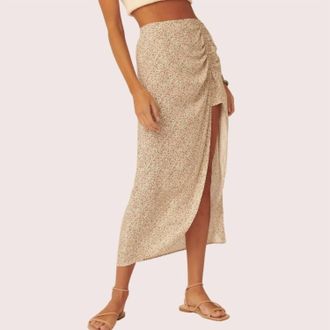 Promesa Cora Floral Ruched Side Slit Skirt In Multi