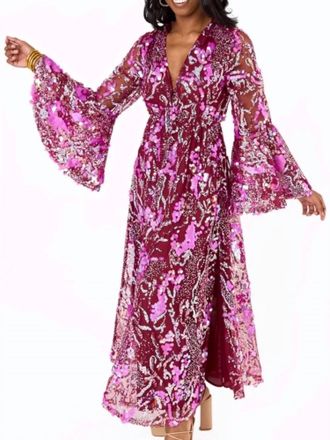 BuddyLove Colette Sequin Floral Maxi Dress With Bell Sleeves In Burgandy/pink