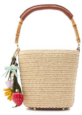Self Portrait Charm-embellished Leather and Raffia Bucket bag - Brown - One Size