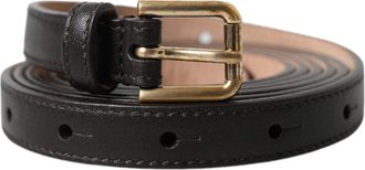 Dolce & Gabbana Womens Black Leather Long Skinny Gold Metal Buckle Belt Calf