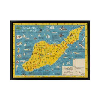 Artery8 Ramsey 1947 Santa Catalina Island Fun Map Framed Canvas Wall Art Print in Blue | Size: W24 x H32