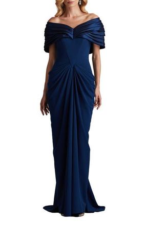 Tadashi Shoji Off the Shoulder Ruched Crepe Gown in Navy at Nordstrom, Size 18