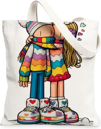 Generic Colorful Love Canvas Tote Bags, Heart Pattern Reusable Grocery Bags, Winter Fun Lightweight Washable Shoulder Strap Canvas, Colorful, 13x15 Inch